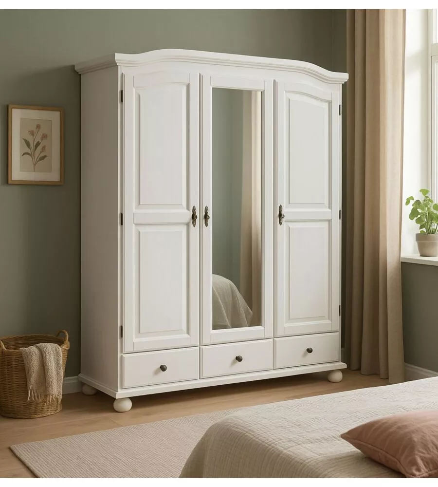 Armadio 3 ante + 3 cassetti in pino massello bianco, 150x56x200 cm